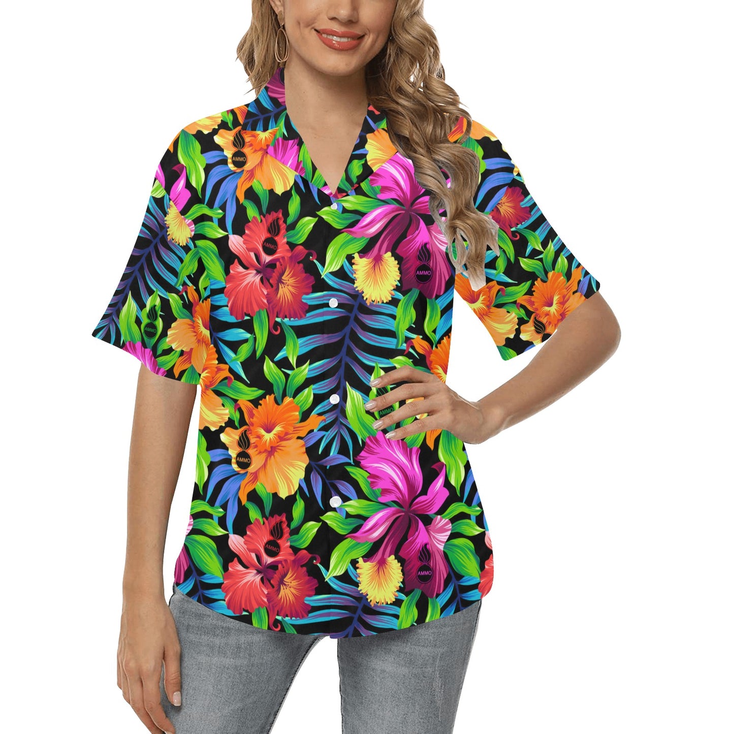 Bright Tropical Flowers With Leaves And Pisspots AMMO Womens Hawaiian Shirt