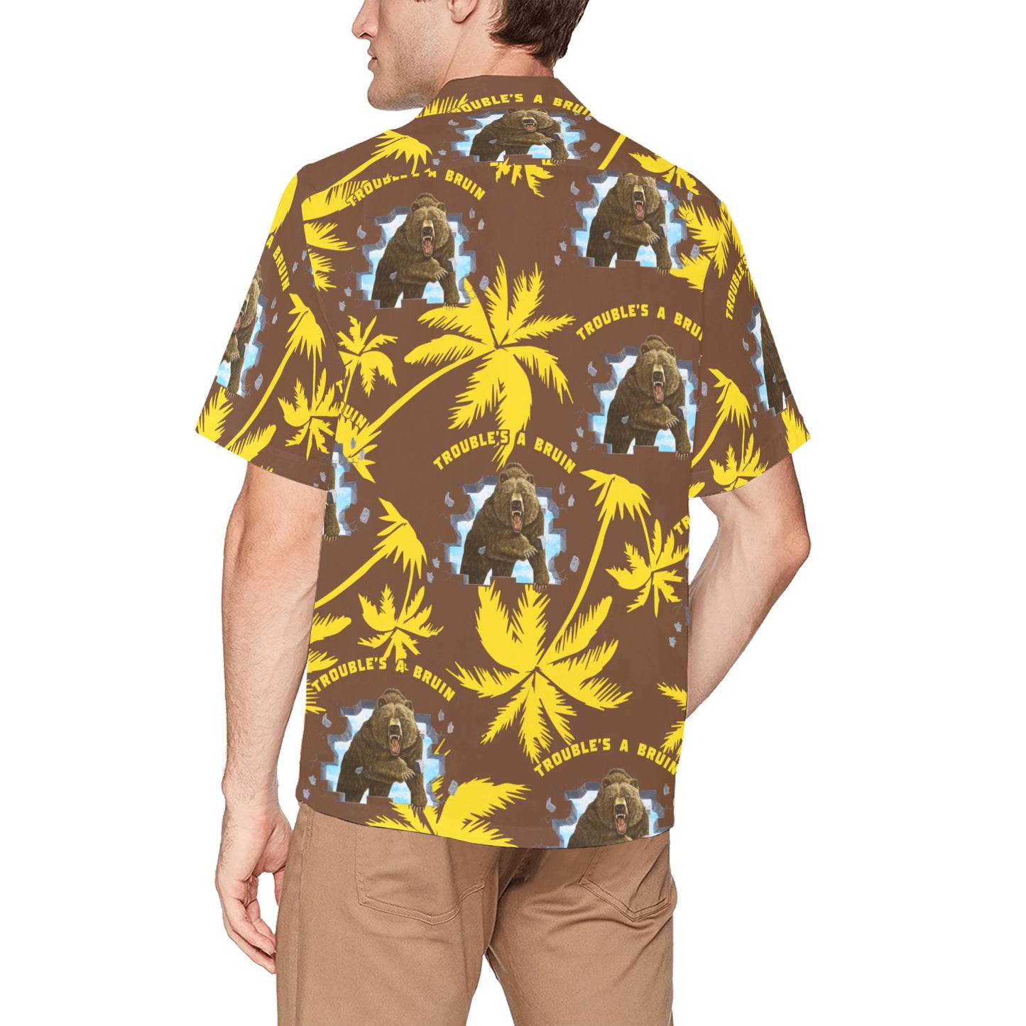 Fargo South High Troubles A Bruin Brown Bear Brick Wall Yellow Palm Trees Brown Hawaiian Shirt With Pocket