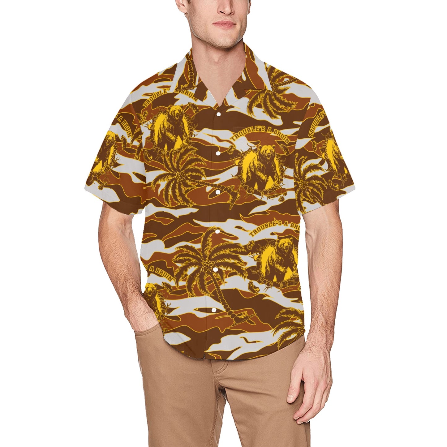 Fargo South High Troubles A Bruin Updated Bear Brick Wall Tiger Stripe Brown Camouflage With Gold Color Palm Trees Hawaiian Shirt With Left Chest Pocket