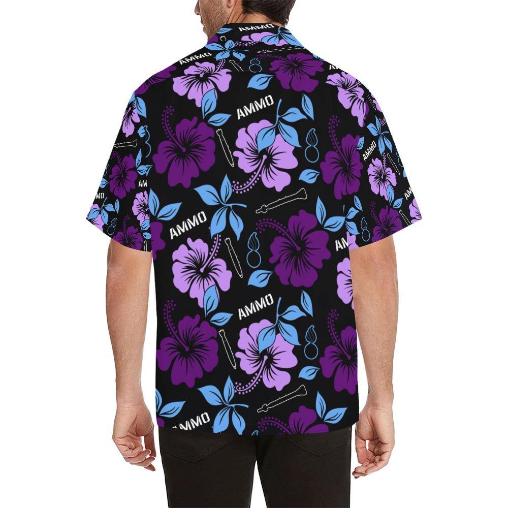 AMMO Hawaiian Shirt Dark and Light Purple Flowers Black Background - AMMO Pisspot IYAAYAS Gear