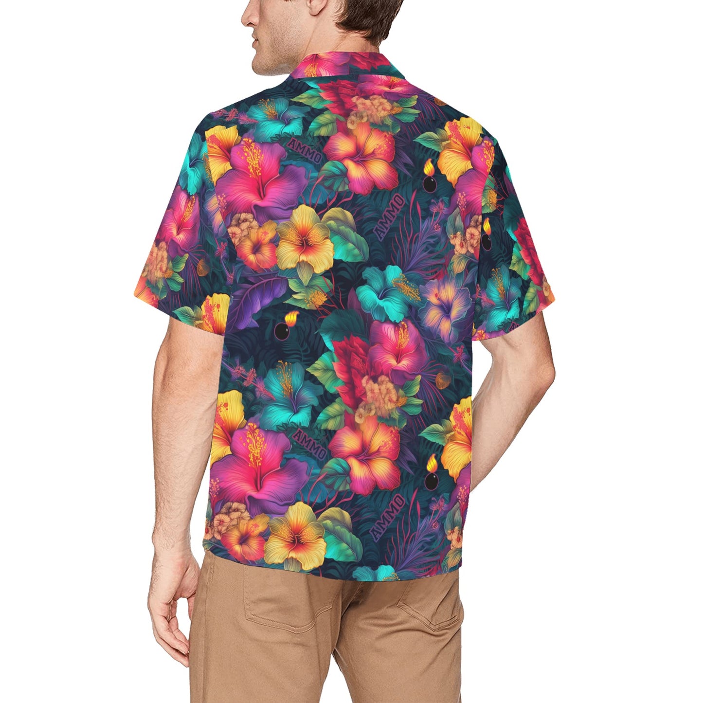 USAF AMMO Neon Color Hibiscus Flowers Leaves and Pisspots Mens Front Left Chest Pocket Hawaiian Shirt