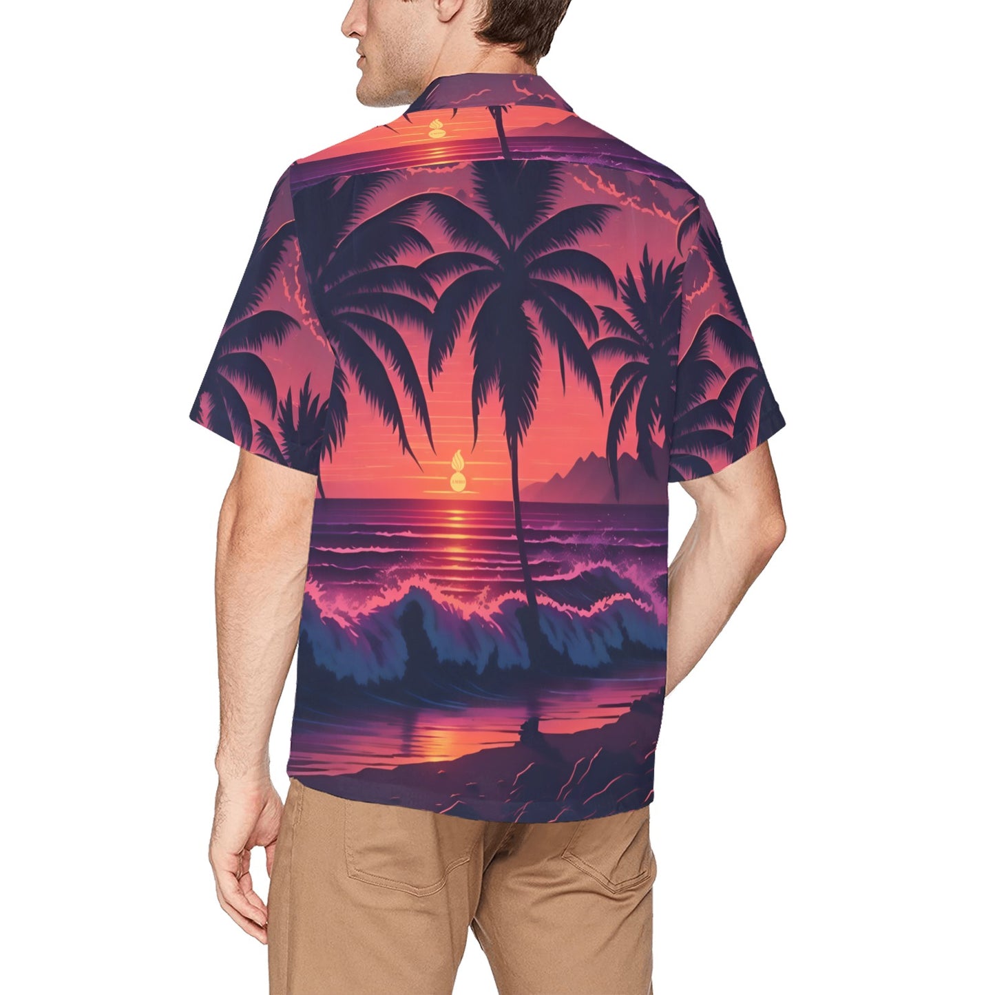 USAF AMMO Purple Hawaiian Sunset Yellow Pisspot Sun Palm Trees Waves Mountains Mens Left Chest Pocket Hawaiian Shirt