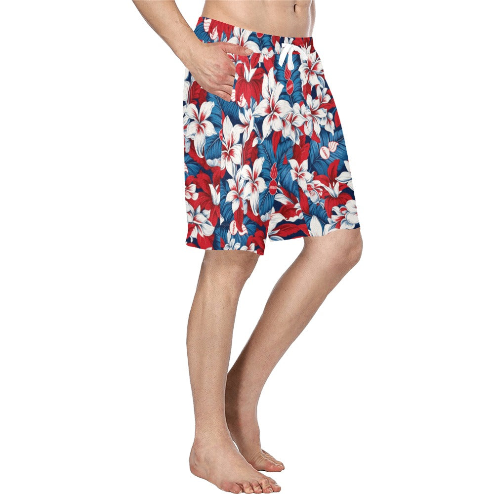 Red White and Blue Patriotic Tropical Flowers Leaves and Pisspots AMMO Hawaiian Shorts
