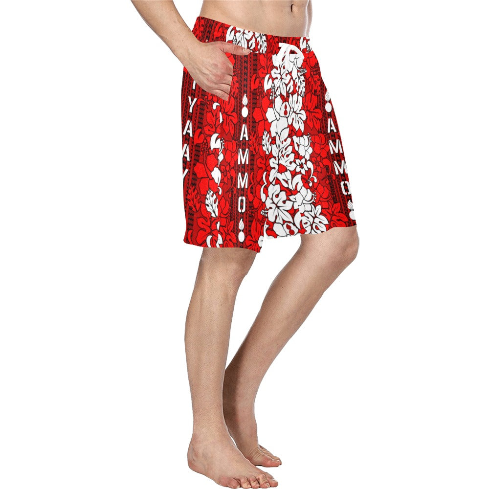 AMMO Red and White Vertical Flower Pattern Hawaiian Shorts