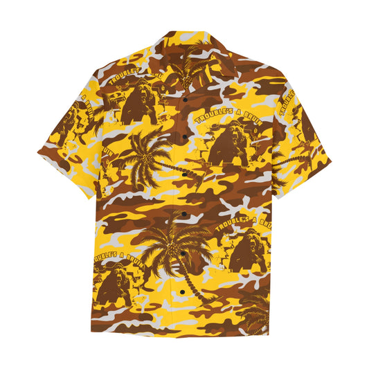 Fargo South High Troubles A Bruin Brown Bear Brick Wall Gold Color Camouflage With Brown Palm Trees Hawaiian Shirt With Left Chest Pocket