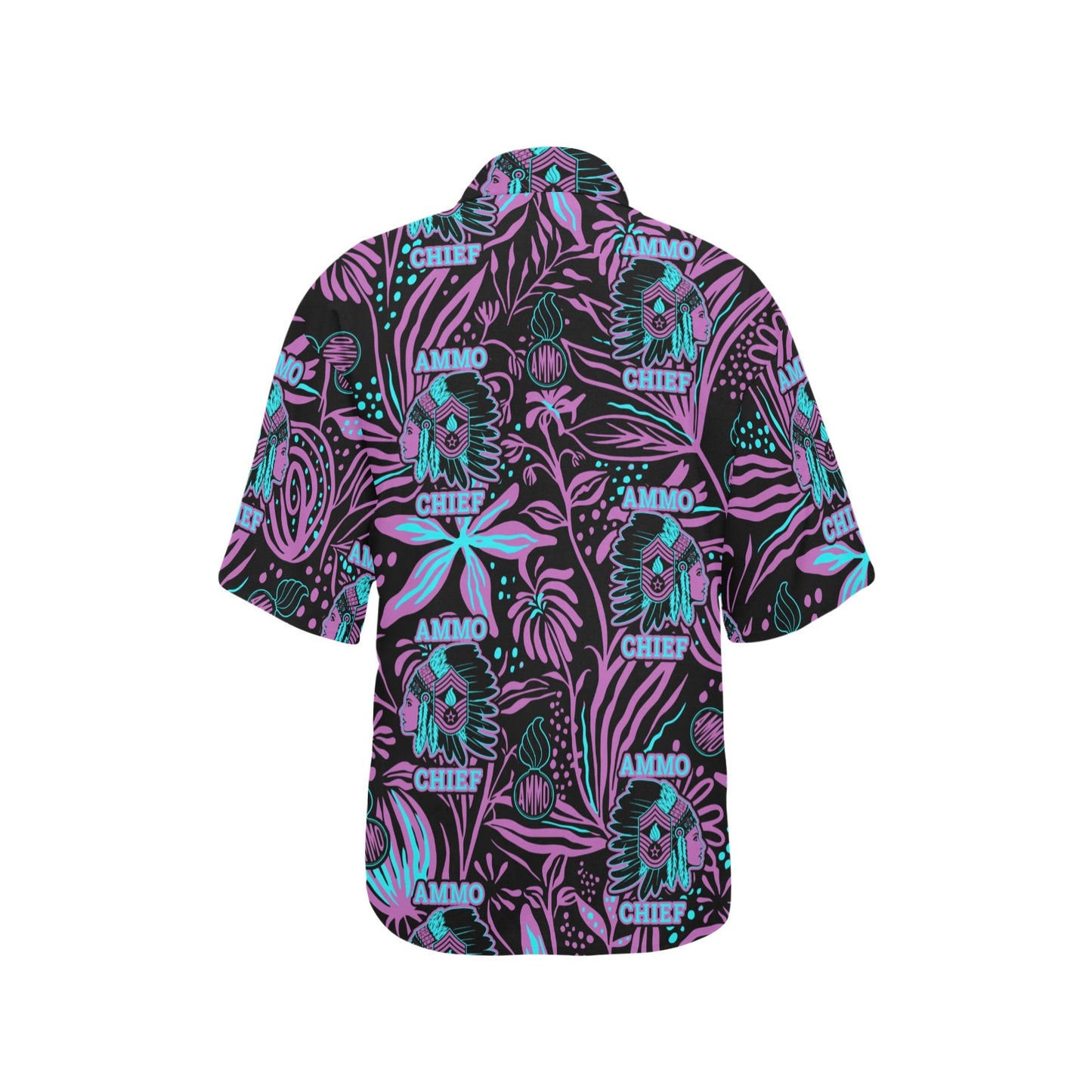 AMMO Chief (Female Version) Purple Teal Neon Flowers Pisspots AMMO Chief Logo Womens Hawaiian Shirt