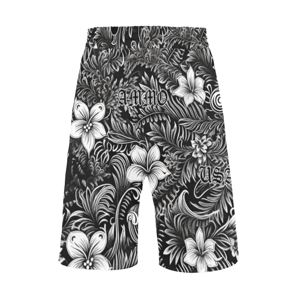 Black and White Flowers and Leaves Badass USAF AMMO Pisspot Hawaiian Shorts