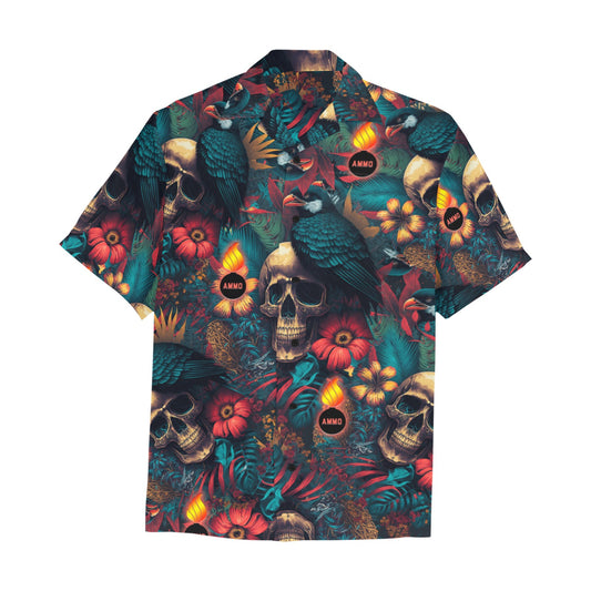AMMO Skulls Birds Flowers and Flaming Pisspots Mens Front Left Chest Pocket Hawaiian Shirt