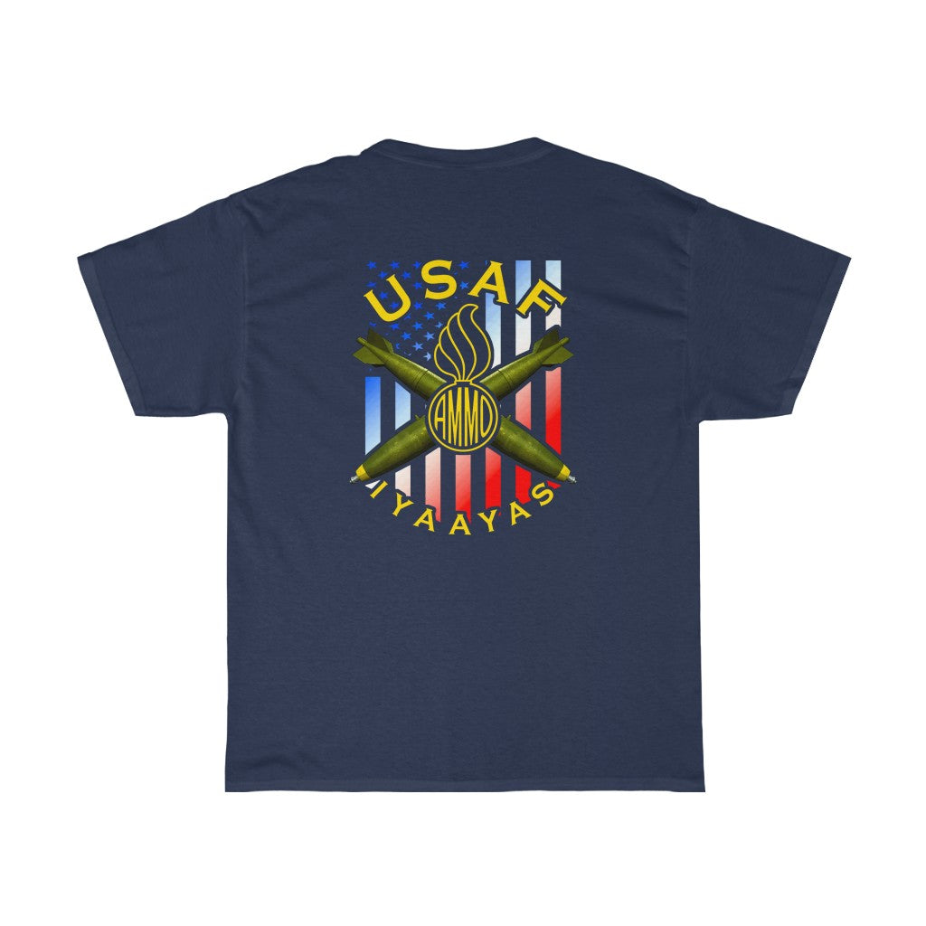 USAF AMMO IYAAYAS Pisspot Bombs Crossed American Flag Munitions Pride Heritage Gift Unisex Heavy Cotton Tee