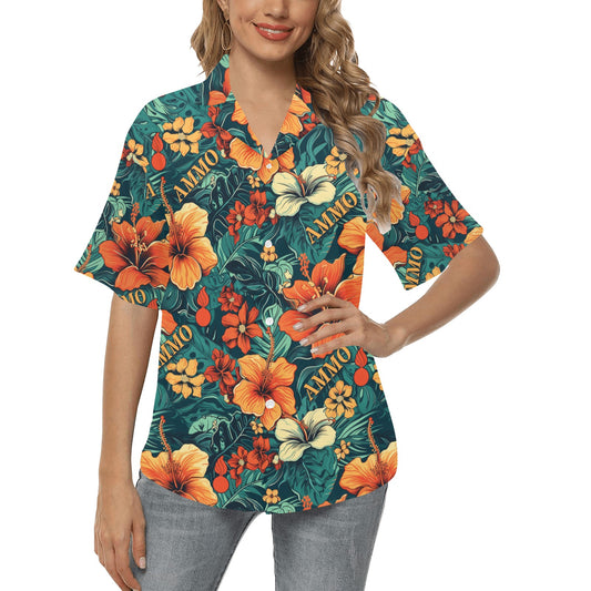 AMMO Orange Hibiscus Flowers Green Leaves AMMO Word and Pisspots Womens Hawaiian Shirt