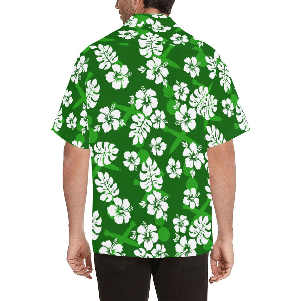 AMMO Hawaiian Shirt Green with White Hibiscus Flowers Pisspots and Crossed Bombs