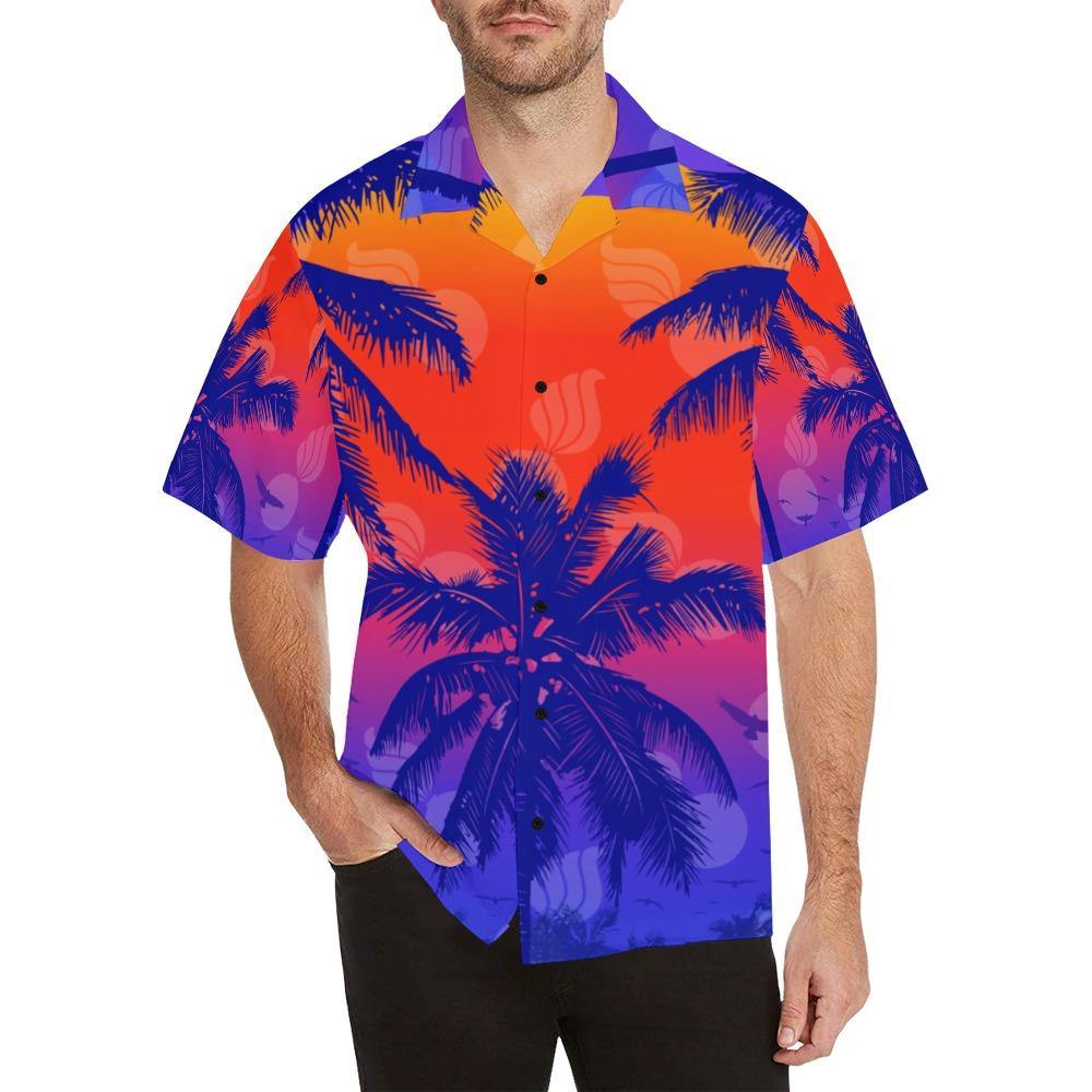 AMMO Hawaiian Shirt Orange Purple and Blue Sunset Palm Trees Birds Pisspots - AMMO Pisspot IYAAYAS Gear