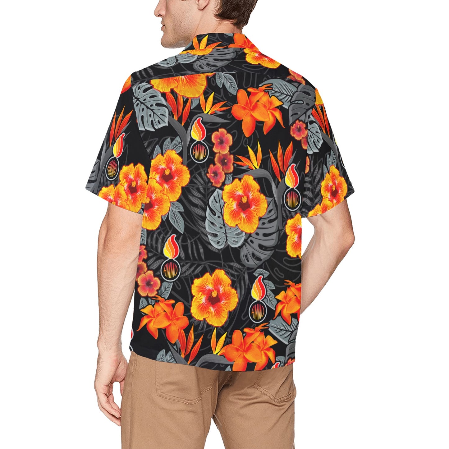 USAF AMMO Fire Orange Hibiscus Flowers Leaves Pisspots AMMO Hawaiian Shirt With Left Chest Pocket