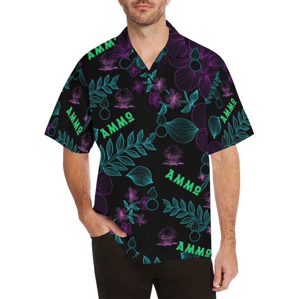 AMMO Hawaiian Shirt Black With Purple Flowers Blue Pisspots and Leaves Green AMMO - AMMO Pisspot IYAAYAS Gear