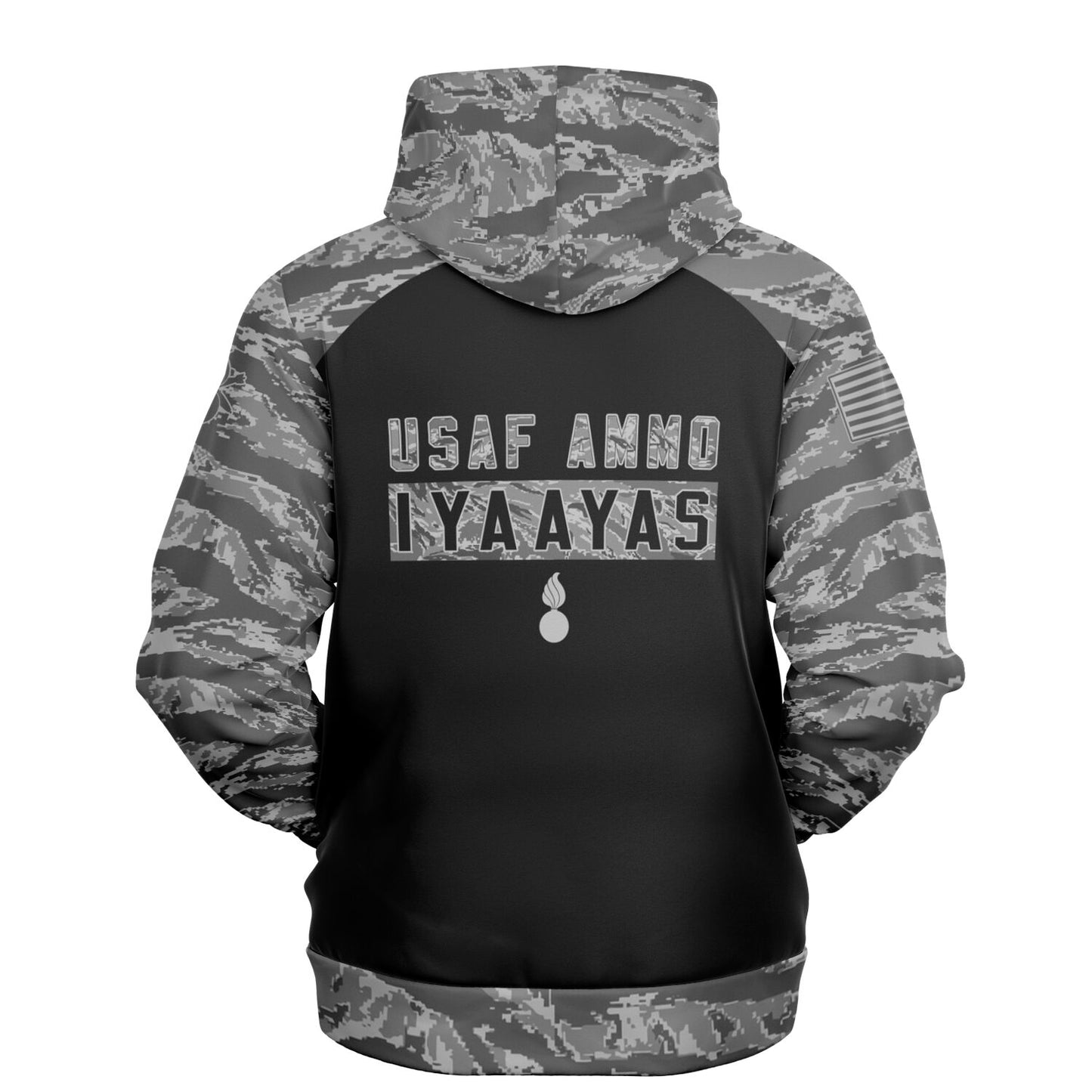 USAF AMMO Greyed Out ABU Pattern Camouflage Ripped Open Flag Chest Red Pisspot Logo Unisex All Over Print Hoodie