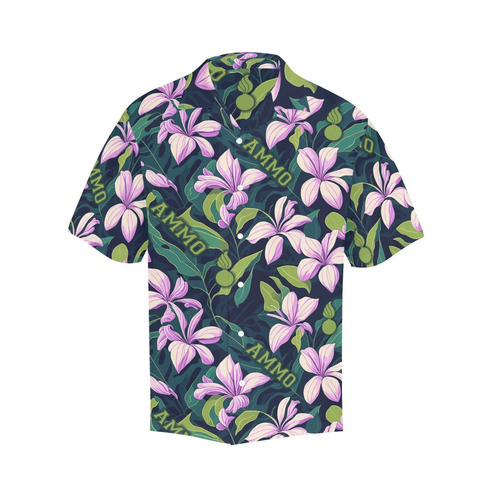 AMMO Hawaiian Shirt Green Leaves Background with Pink Frangipani Flowers Pisspots and Word AMMO