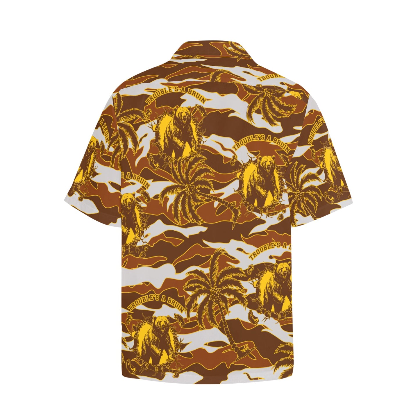 Fargo South High Troubles A Bruin Updated Bear Brick Wall Tiger Stripe Brown Camouflage With Gold Color Palm Trees Hawaiian Shirt With Left Chest Pocket