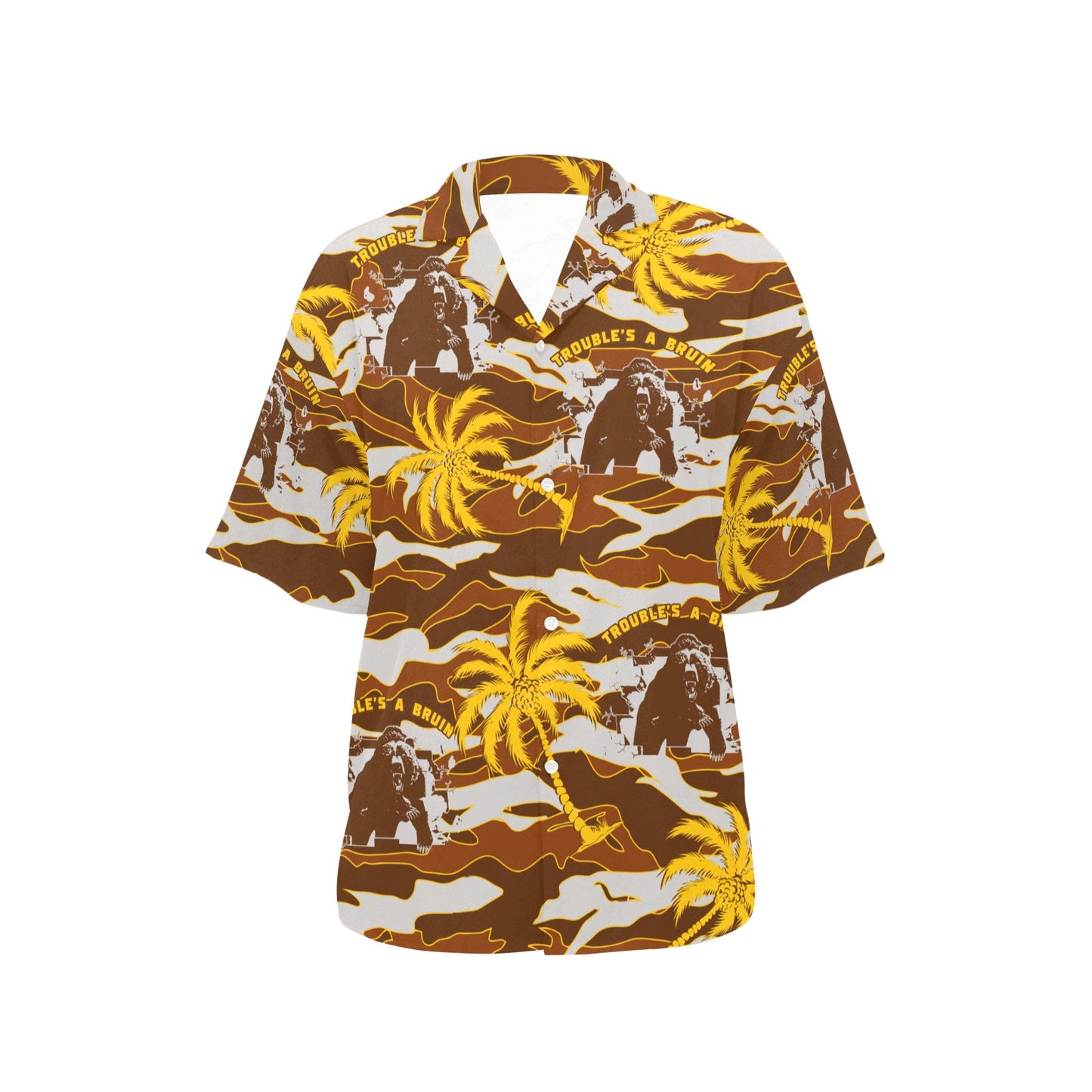 Fargo South High Troubles A Bruin Brown Bear Brick Wall Brown Camouflage With Gold Color Palm Trees Womens Hawaiian Shirt