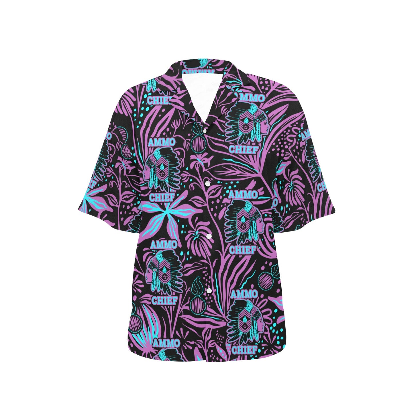AMMO Chief (Female Version) Purple Teal Neon Flowers Pisspots AMMO Chief Logo Womens Hawaiian Shirt