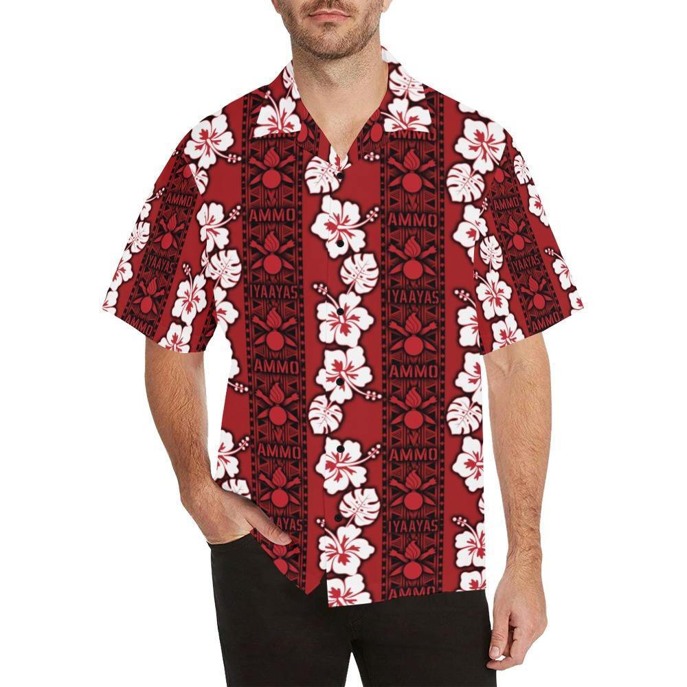 AMMO Hawaiian Shirt Red With White Flowers and Vertical AMMO Tribal Pattern - AMMO Pisspot IYAAYAS Gear