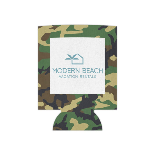 Modern Beach Vacation Rentals White Square Logo Camouflage BDU Can Coozie Cooler