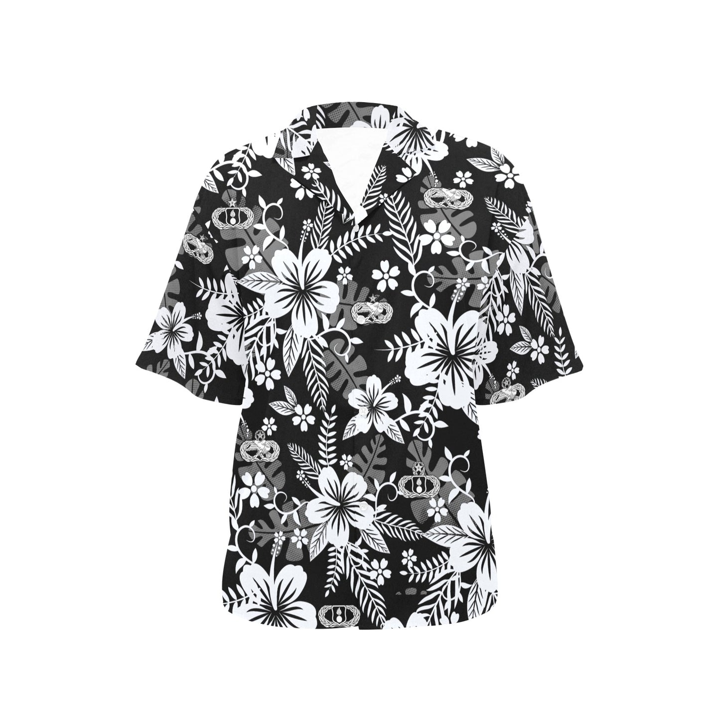 Black White Grey Flowers All Over New and Old Basic Senior Master Occupational Maintenance Badges Womens Hawaiian Shirt