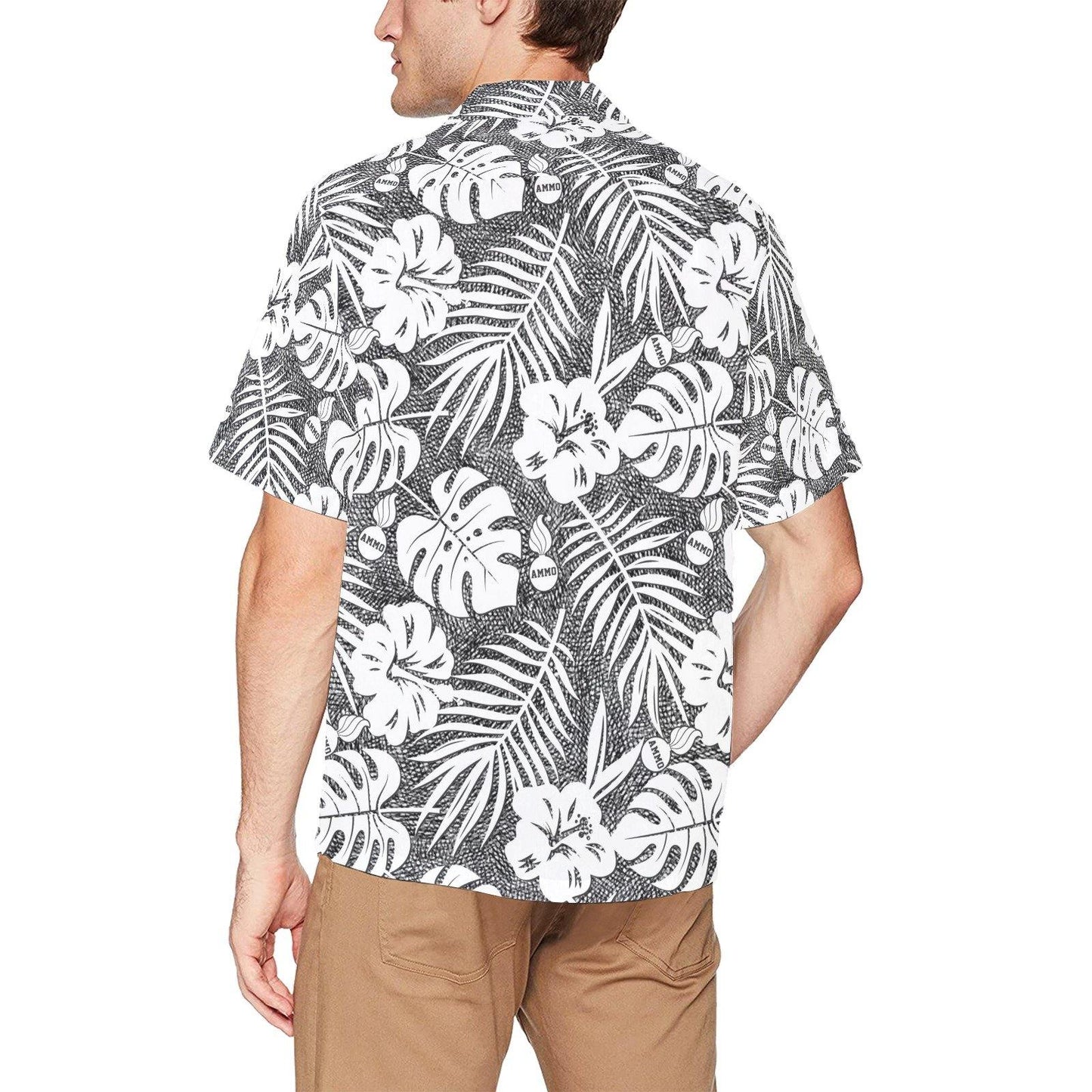 USAF AMMO Black and White Crosshatch White Flowers Leaves and AMMO Pisspot Hawaiian Shirt With Front Left Chest Pocket - AMMO Pisspot IYAAYAS Gear