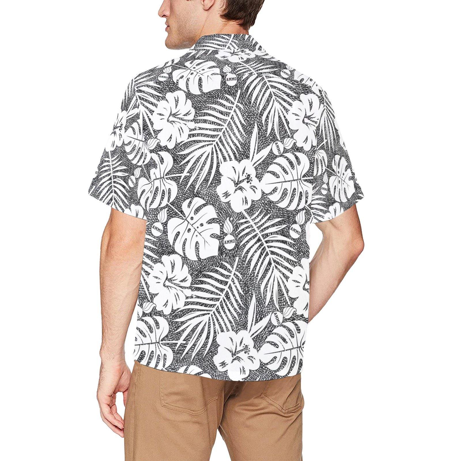 USAF AMMO Black and White Crosshatch White Flowers Leaves and AMMO Pisspot Hawaiian Shirt With Front Left Chest Pocket - AMMO Pisspot IYAAYAS Gear