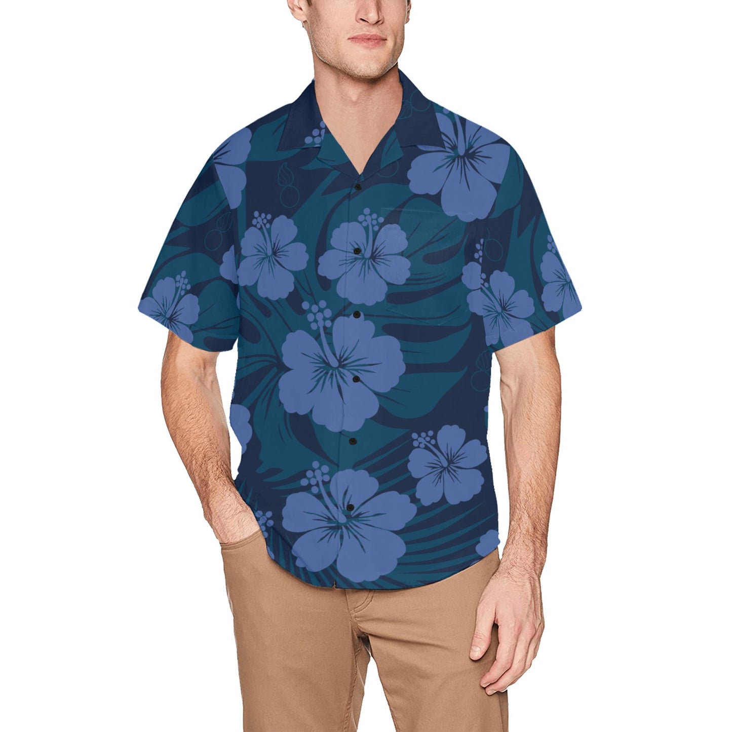 USAF AMMO Tropical Blue Flowers Leaves Pisspots Mens Left Chest Pocket Hawaiian Shirt