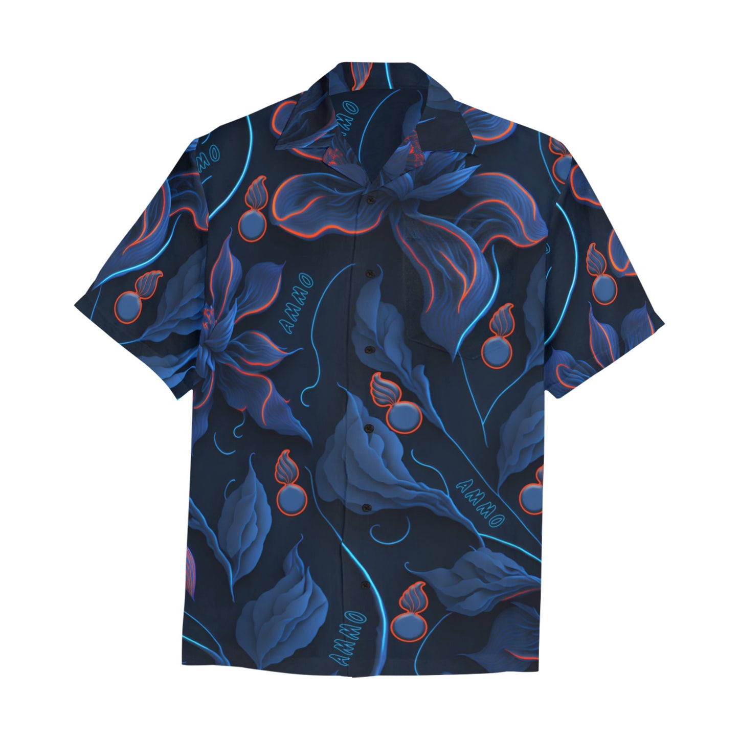 USAF AMMO Red and Blue Neon Flowers Leaves Pisspots and AMMO Word Mens Front Left Chest Pocket Event Hawaiian Shirt