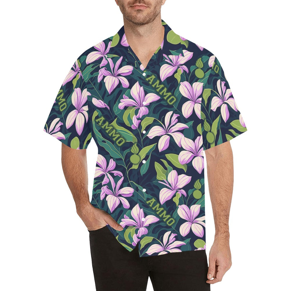 AMMO Hawaiian Shirt Green Leaves Background with Pink Frangipani Flowers Pisspots and Word AMMO