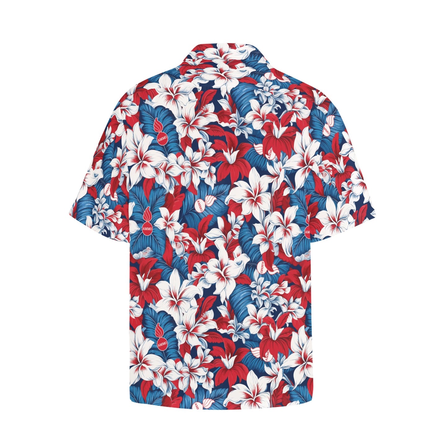 USAF AMMO Red White and Blue Patriotic Tropical Flowers Leaves and Pisspots Mens Left Chest Pocket Hawaiian Shirt