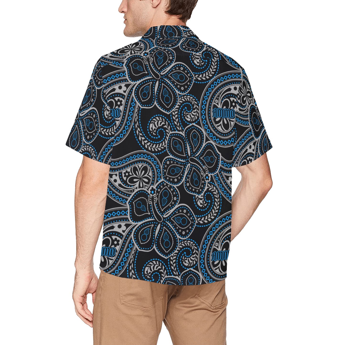 AMMO Paisley Black Grey and Light Blue Tropical Flowers With Pisspots Inside and AMMO Word Pattern Mens Left Chest Pocket Hawaiian Shirt
