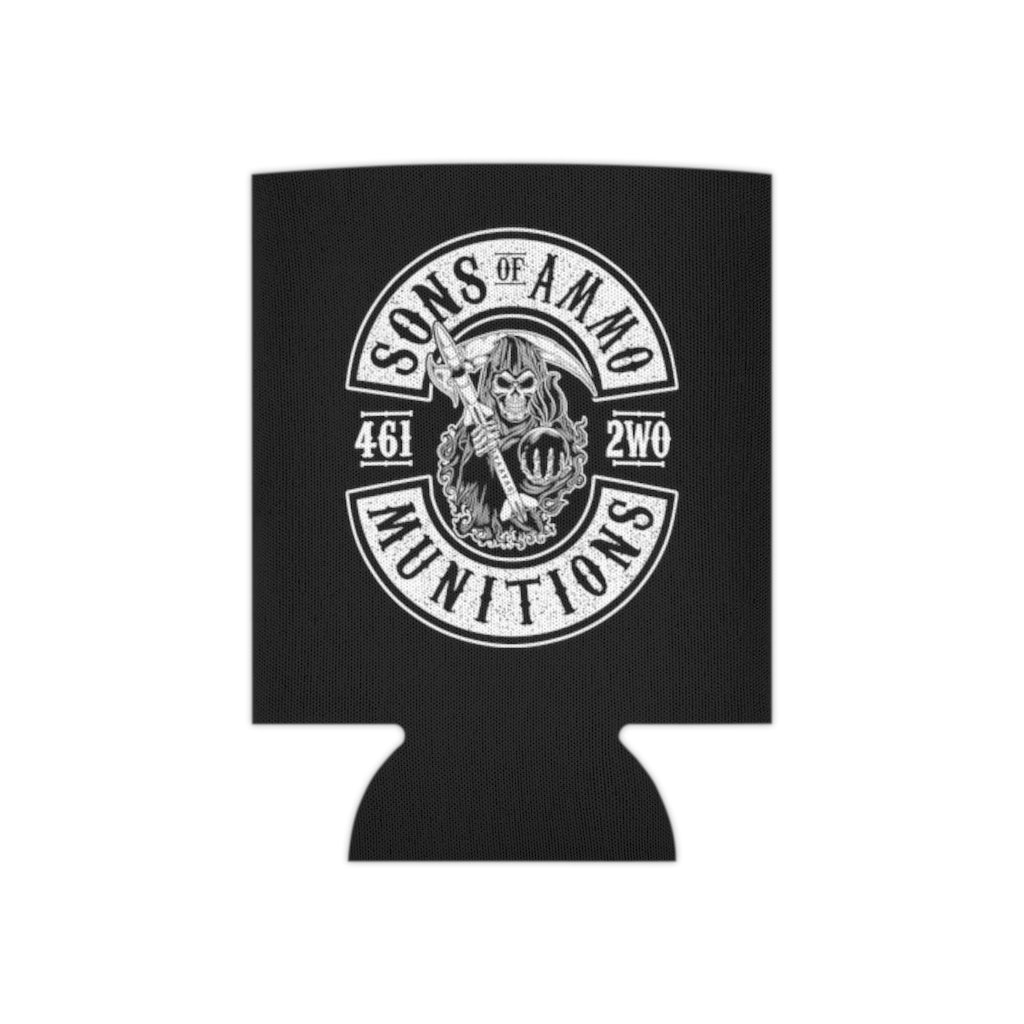 Sons of AMMO Grim Reaper Holding Pisspot Missile Sickle White Logo Black Coozie Can Cooler