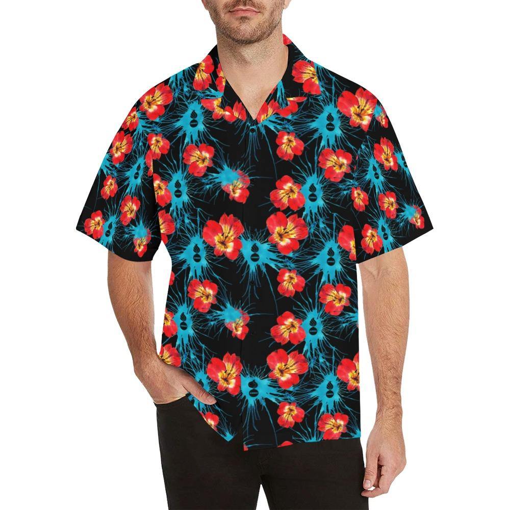 AMMO Hawaiian Shirt Red and Yellow Flowers Blue Splatters and Pisspots - AMMO Pisspot IYAAYAS Gear