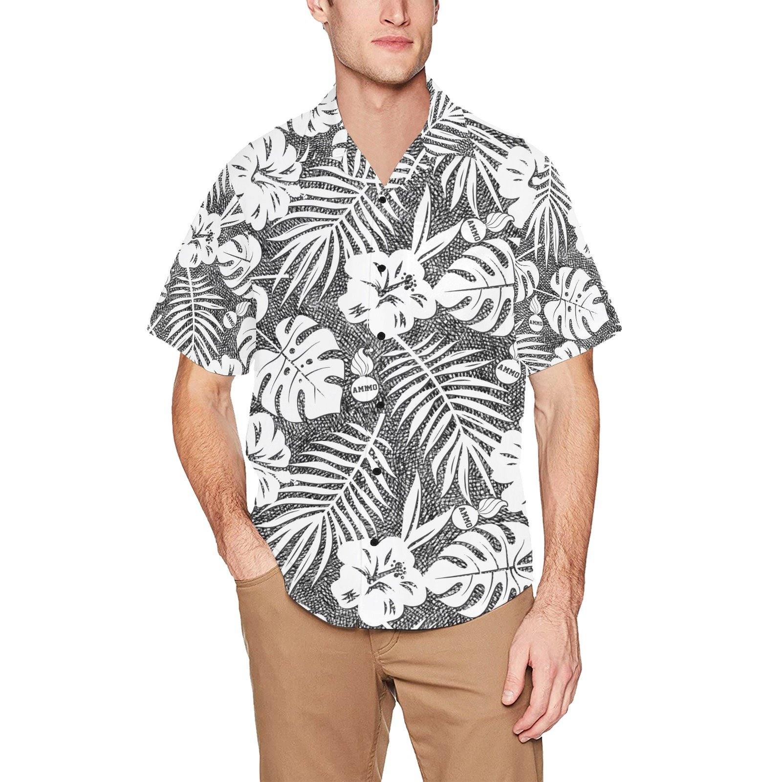 USAF AMMO Black and White Crosshatch White Flowers Leaves and AMMO Pisspot Hawaiian Shirt With Front Left Chest Pocket - AMMO Pisspot IYAAYAS Gear