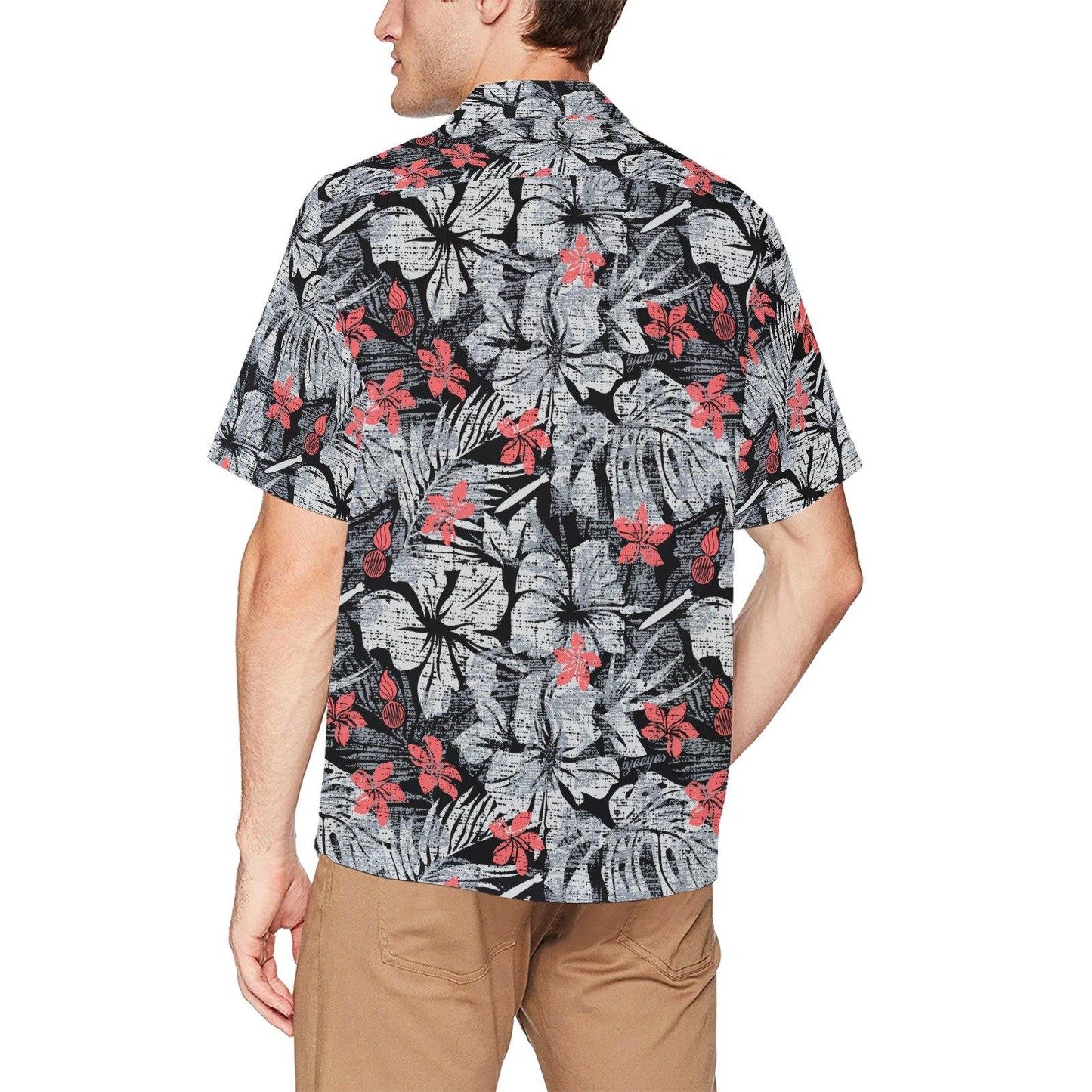 Black Grey and Light Red Flowers Pisspots Bombs and IYAAYAS Hawaiian Shirt With Left Chest Pocket - AMMO Pisspot IYAAYAS Gear