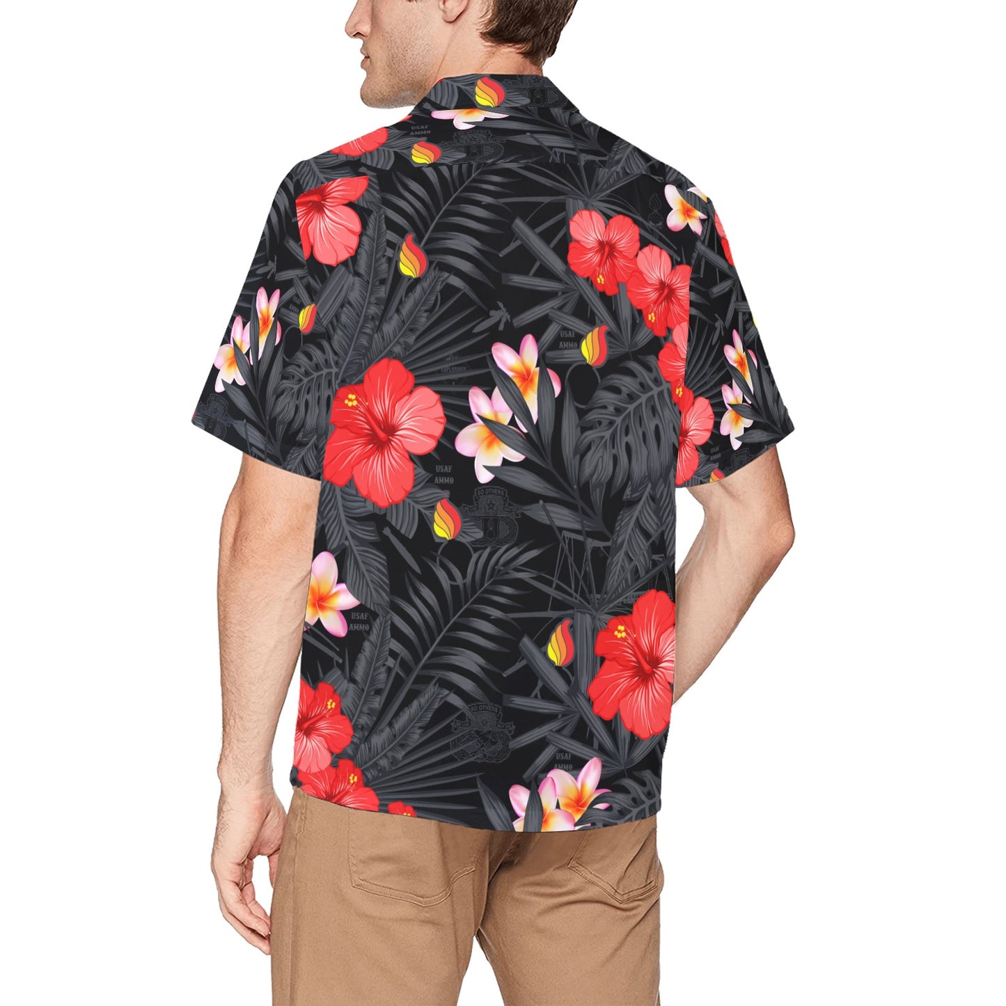 USAF AMMO Black and Grey Leaves Hibiscus Plumeria Pisspots and AMMO icons hidden all over AMMO Hawaiian Shirt With Left Chest Pocket