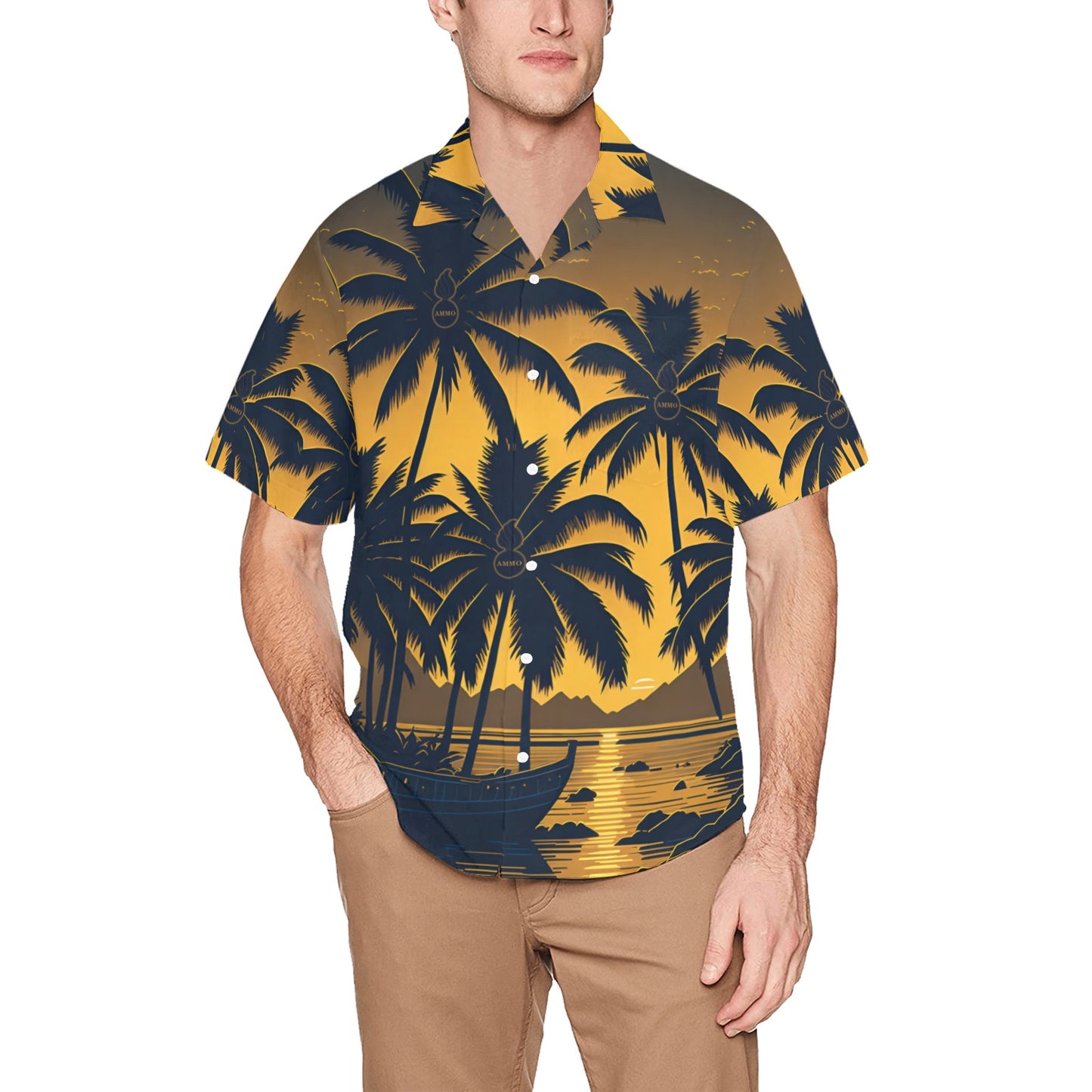 USAF AMMO Tropical Sunset With Palm Trees A Boat and Pisspots Mens Left Chest Pocket Hawaiian Shirt