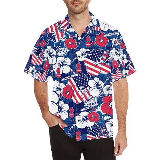 AMMO Hawaiian Shirt Red White and Blue Patriotic Flowers Flags Pisspots Bombs - AMMO Pisspot IYAAYAS Gear