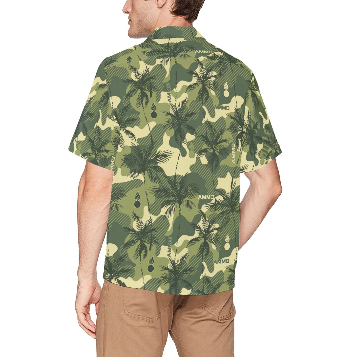 AMMO Green Camouflage Palm Trees Pisspots Pattern Mens Left Chest Pocket Hawaiian Shirt