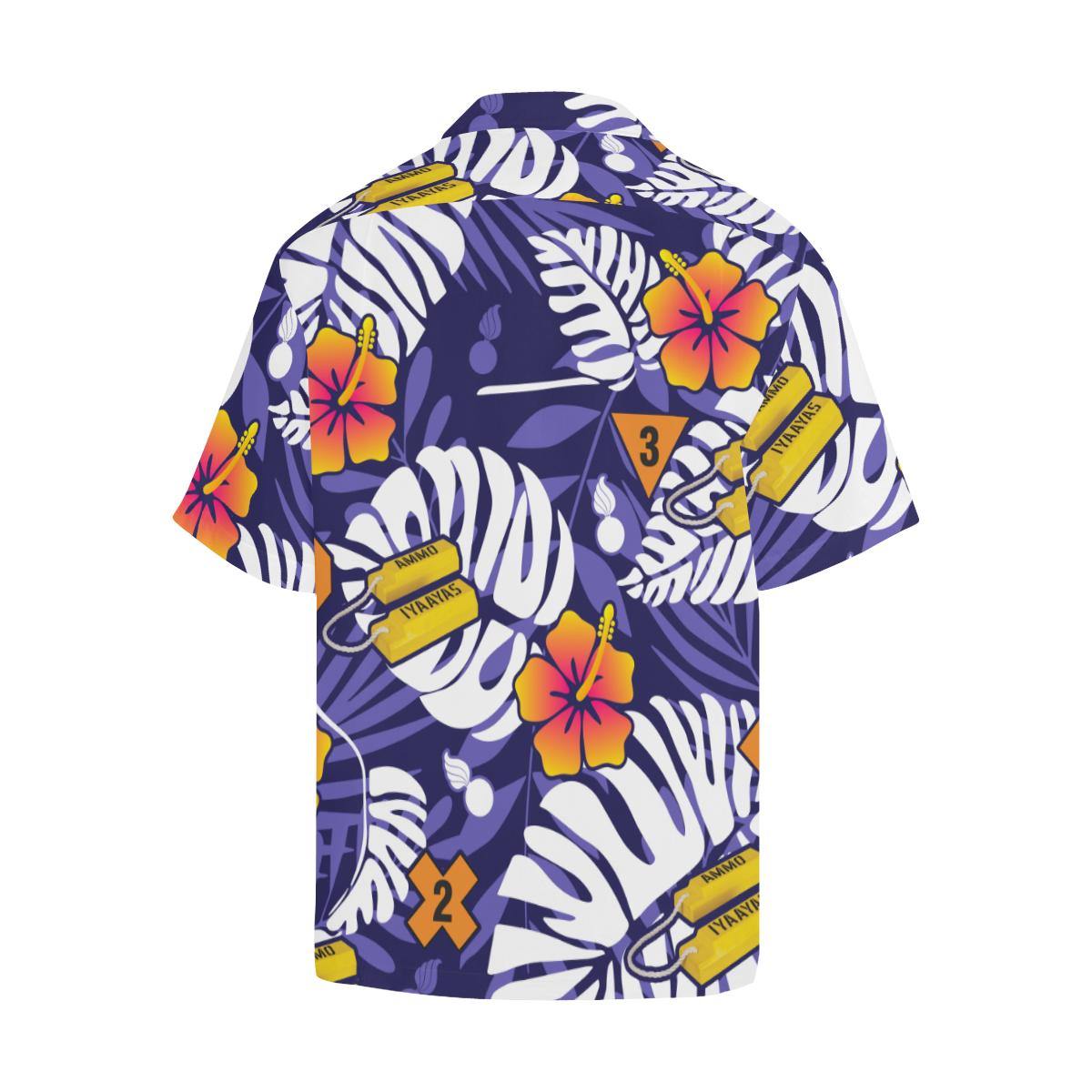 AMMO Hawaiian Shirt Blue With Flower Fire Symbols and Chocks - AMMO Pisspot IYAAYAS Gear