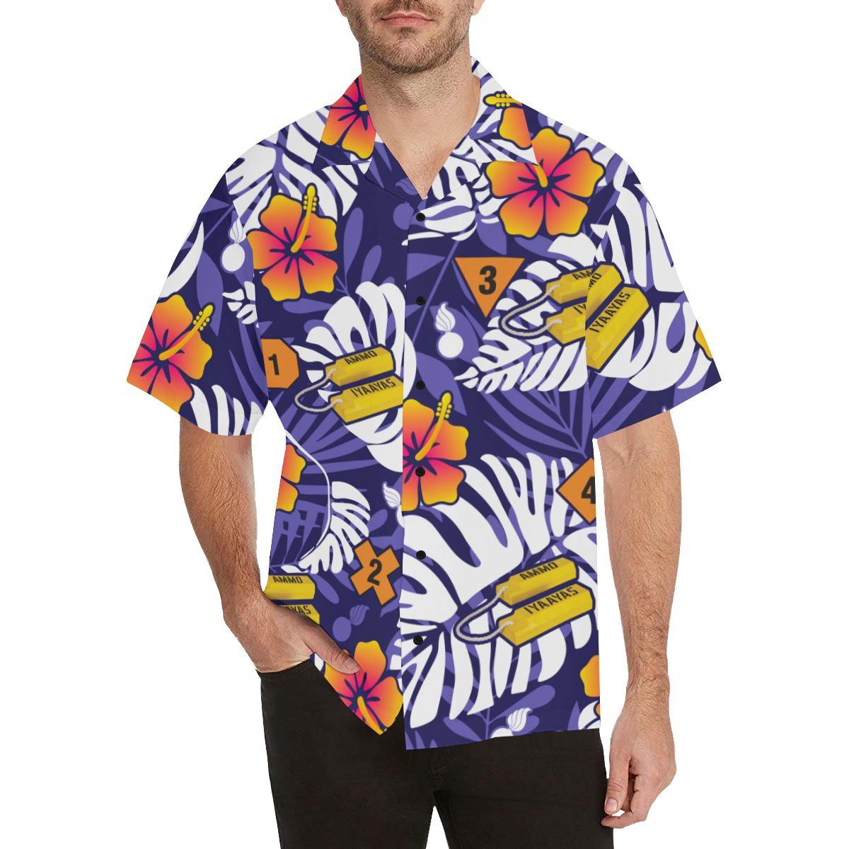 AMMO Hawaiian Shirt Blue With Flower Fire Symbols and Chocks - AMMO Pisspot IYAAYAS Gear