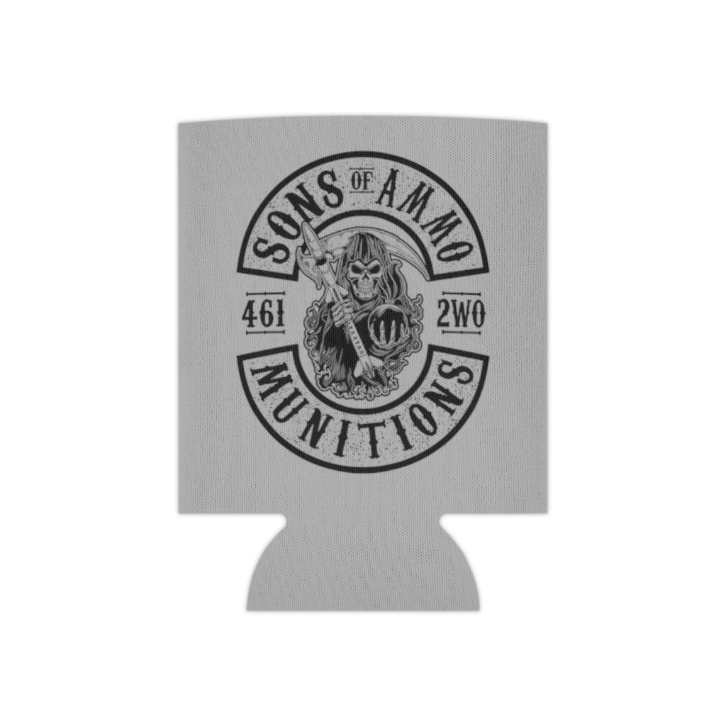 Sons of AMMO Grim Reaper Holding Pisspot Missile Sickle Black Logo Light Grey Coozie Can Cooler