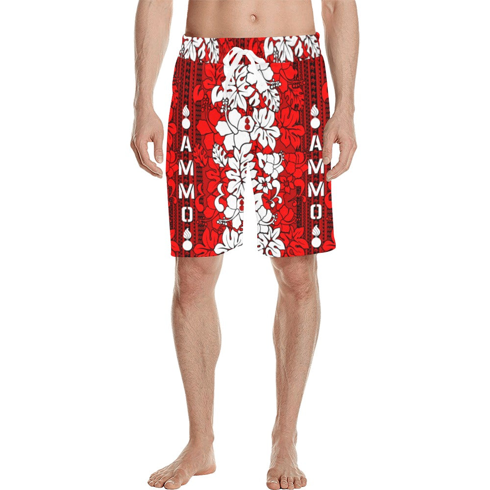 AMMO Red and White Vertical Flower Pattern Hawaiian Shorts