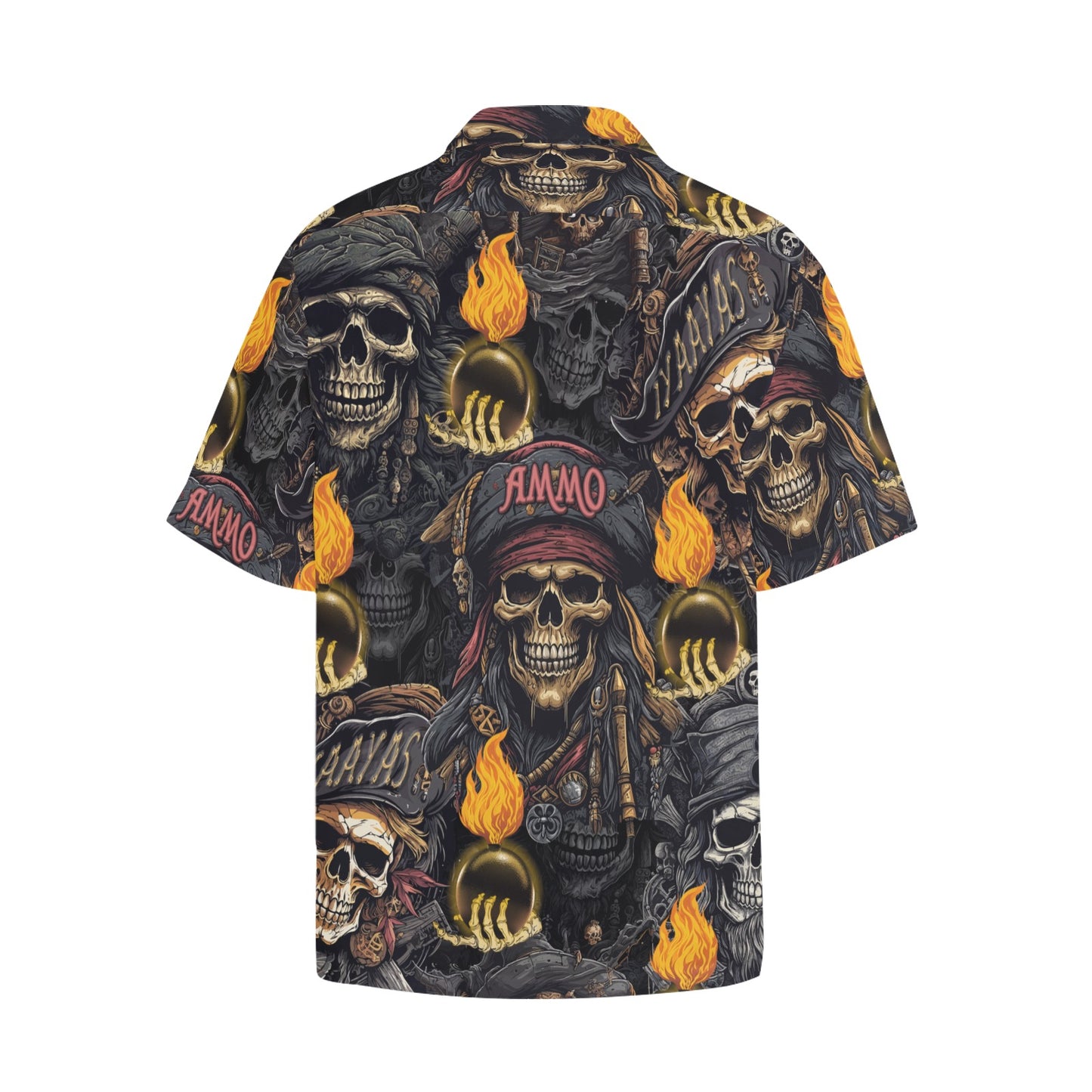 USAF AMMO Pirate Skulls Orange Glowing Pisspots Skeleton Hands IYAAYAS Proud Heritage Mens Left Chest Pocket Hawaiian Shirt
