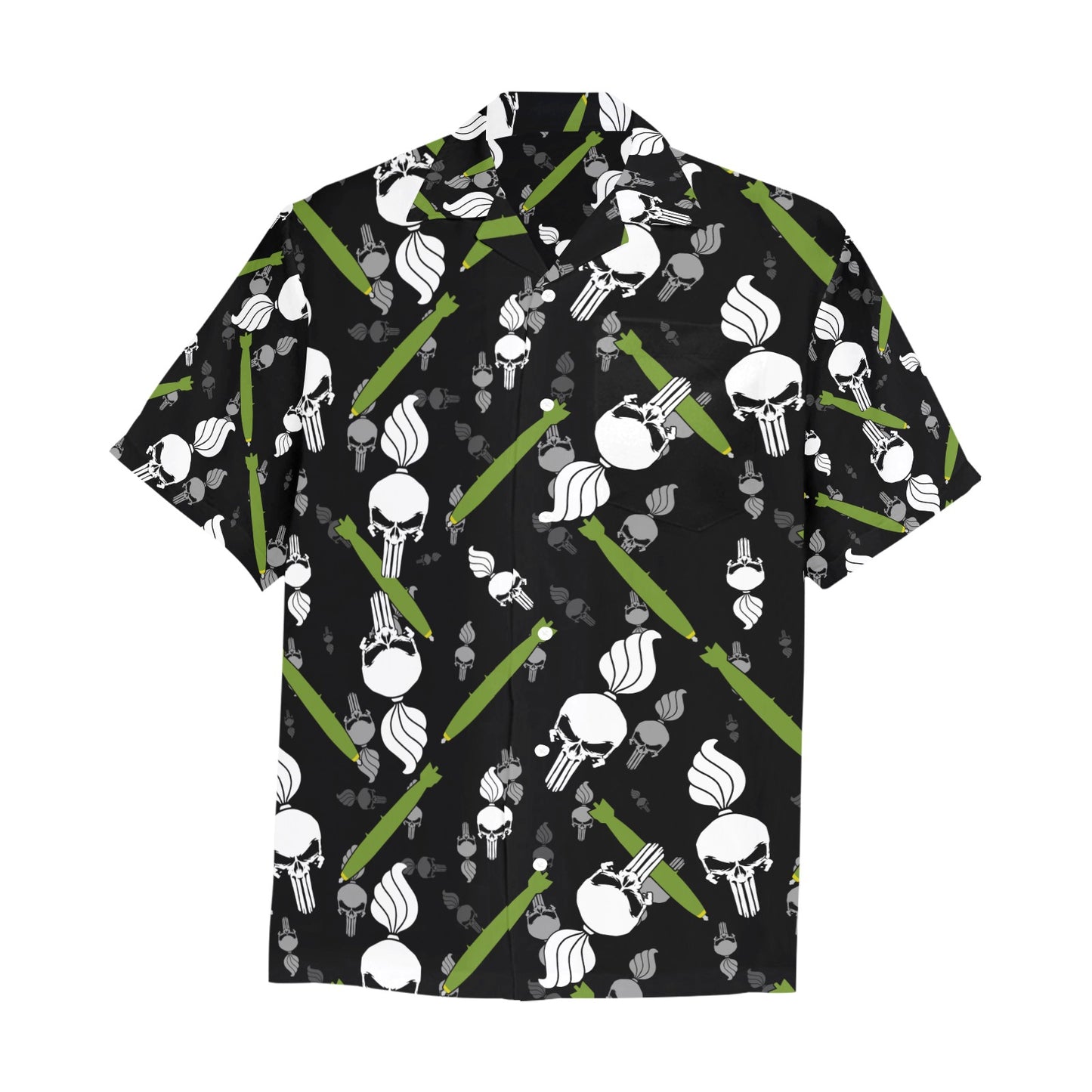 Punisher Skull Pisspots and Bombs Front Left Chest Pocket Hawaiian Shirt