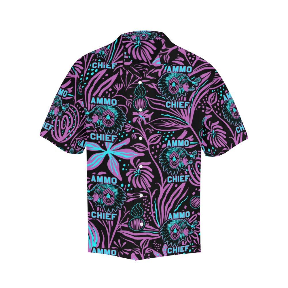 AMMO Chief Purple Teal Neon Flowers Pisspots AMMO Chief Logo Mens Hawaiian Shirt