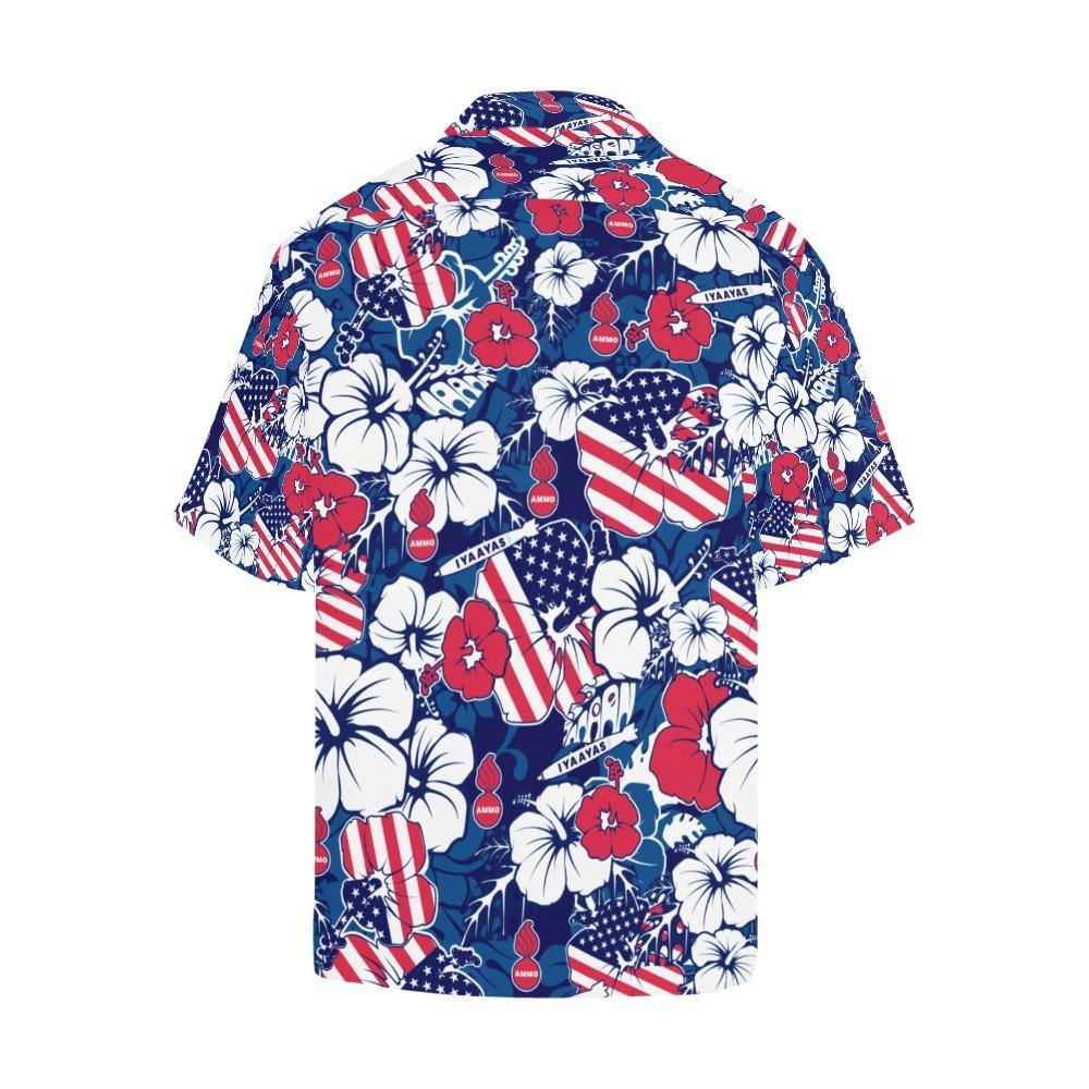 AMMO Hawaiian Shirt Red White and Blue Patriotic Flowers Flags Pisspots Bombs - AMMO Pisspot IYAAYAS Gear