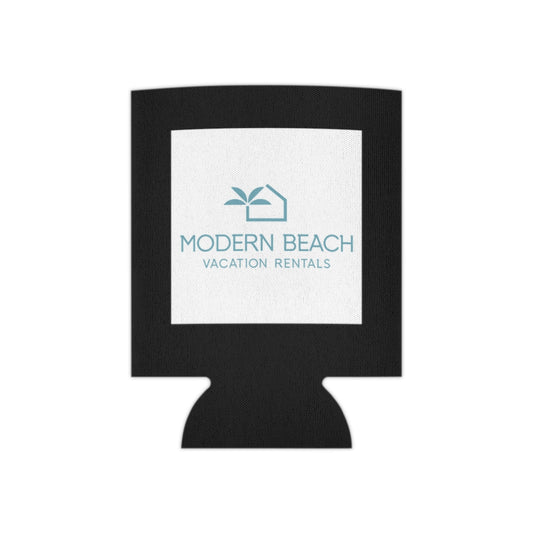 Modern Beach Vacation Rentals White Square Logo Black Can Coozie Cooler